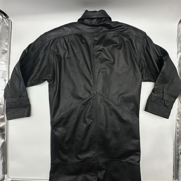Vintage Jacqueline Ferrar Size Small Black Leather Button Up Long Trench Coat - Picture 9 of 10